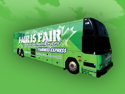Green fairness express bus. Only fair is fair, income inequality isn't!