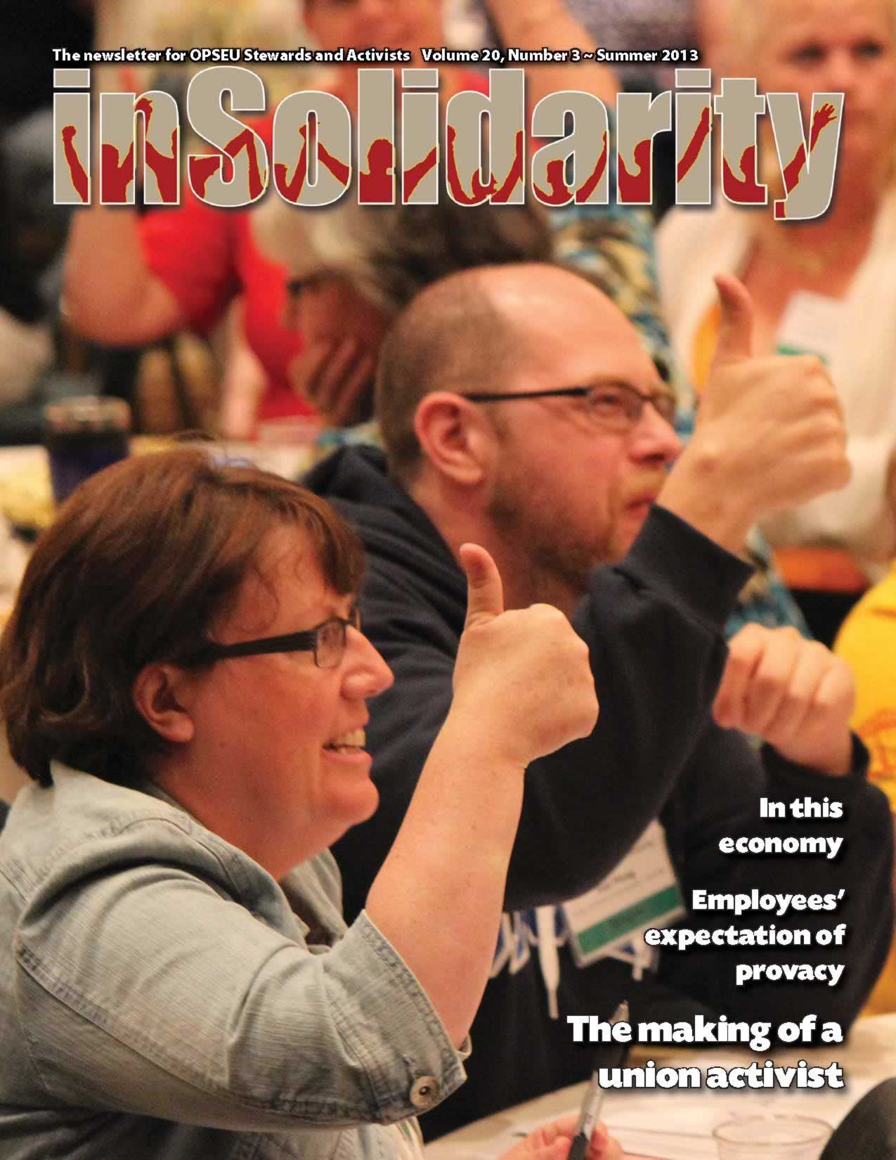 In Solidarity, summer 2013 cover. OPSEU members giving the thumbs up