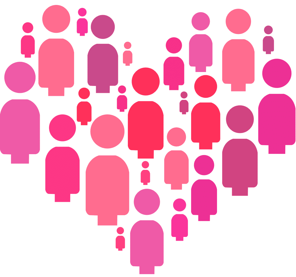 Illustration of a group of women arranged in the shape of a heart.
