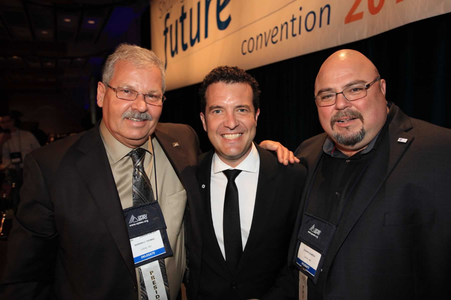 OPSEU President Warren (Smokey) Thomas and First Vice-President/Treasurer Eduardo (Eddy) Almeida with Rick Mercer during Convention 2015