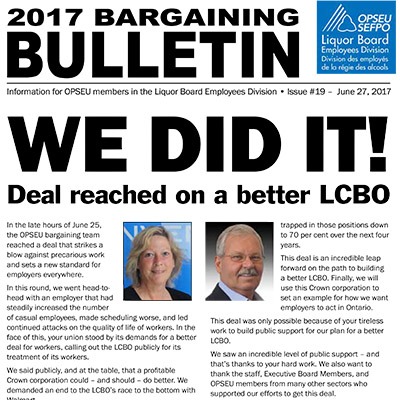 OPSEU LBED Bargaining Bulletin 19 Front page: We Did It!