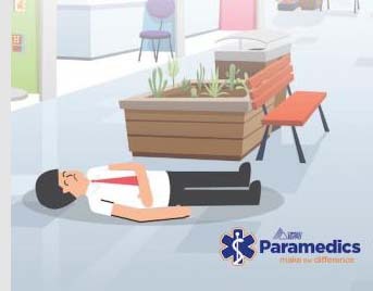 Illustration of a man lying on his back looking illd with the text: "Public access defibrillators only work if you can find them. OPSEU Paramedics make the difference."