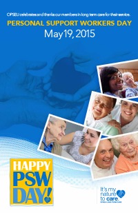 Personal Support Worker Day, May 19, 2015, poster featuring a collage of photos of personal support workers with seniors.