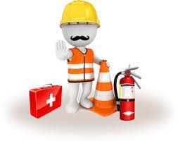 Cartoon Graphic of person wearing safety vest, hardhat, emergency kit