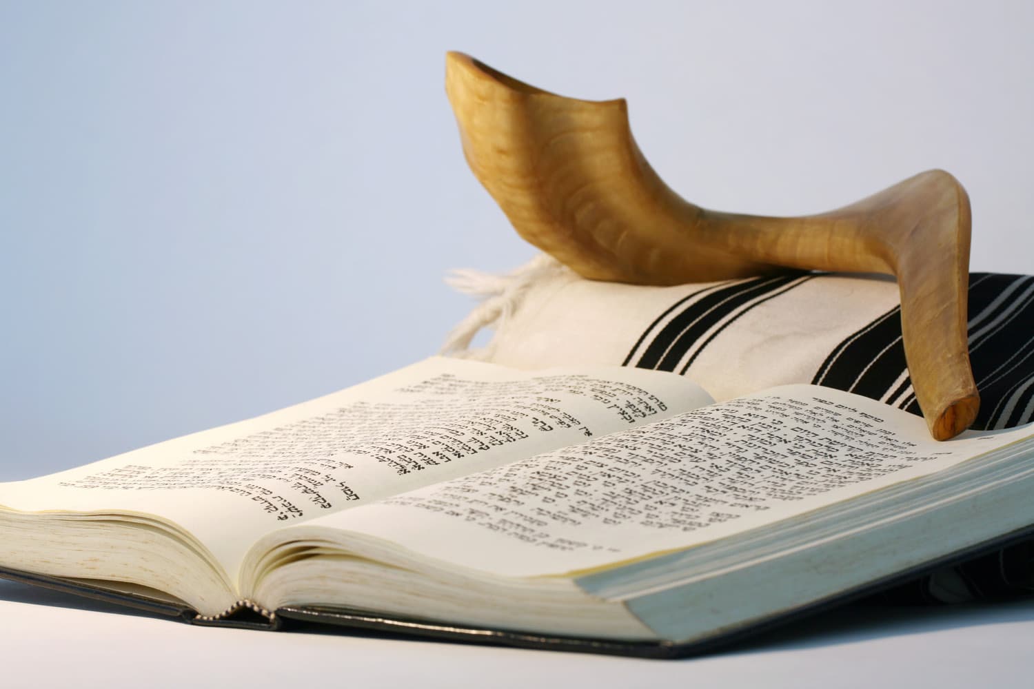 Religious Judaic objects used for prayer - a shofar, tallis, and prayer book.