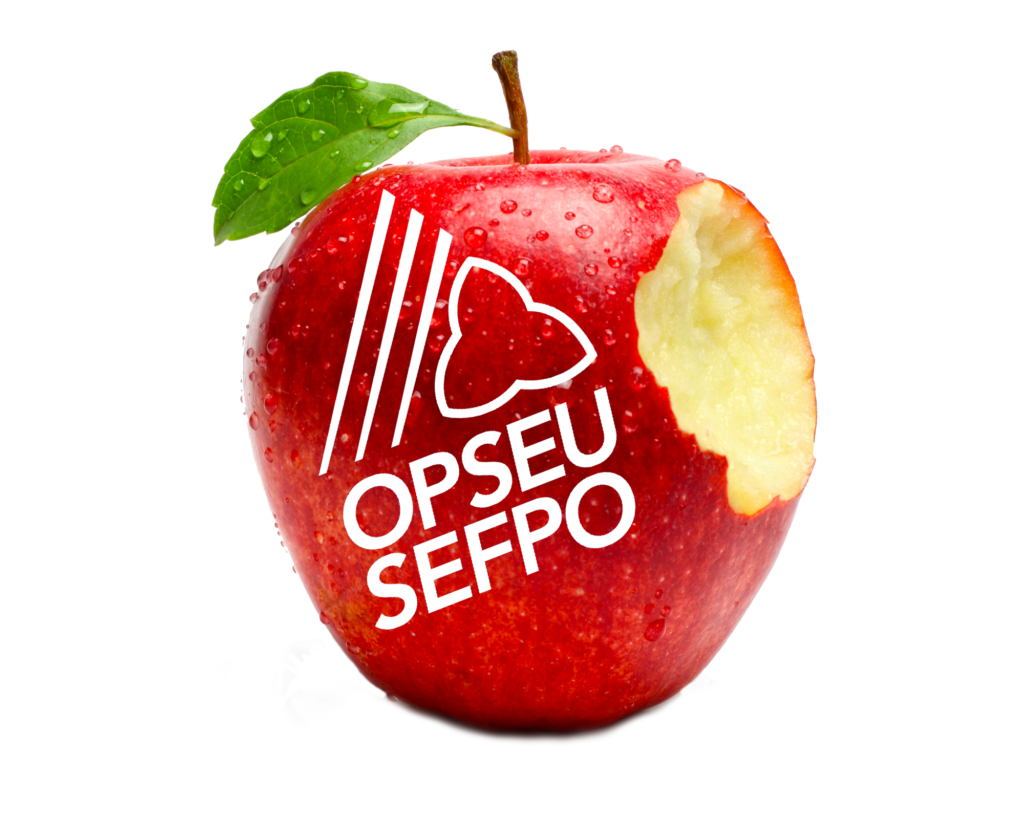 Juicy red bitten apple with OPSEU/SEFPO logo