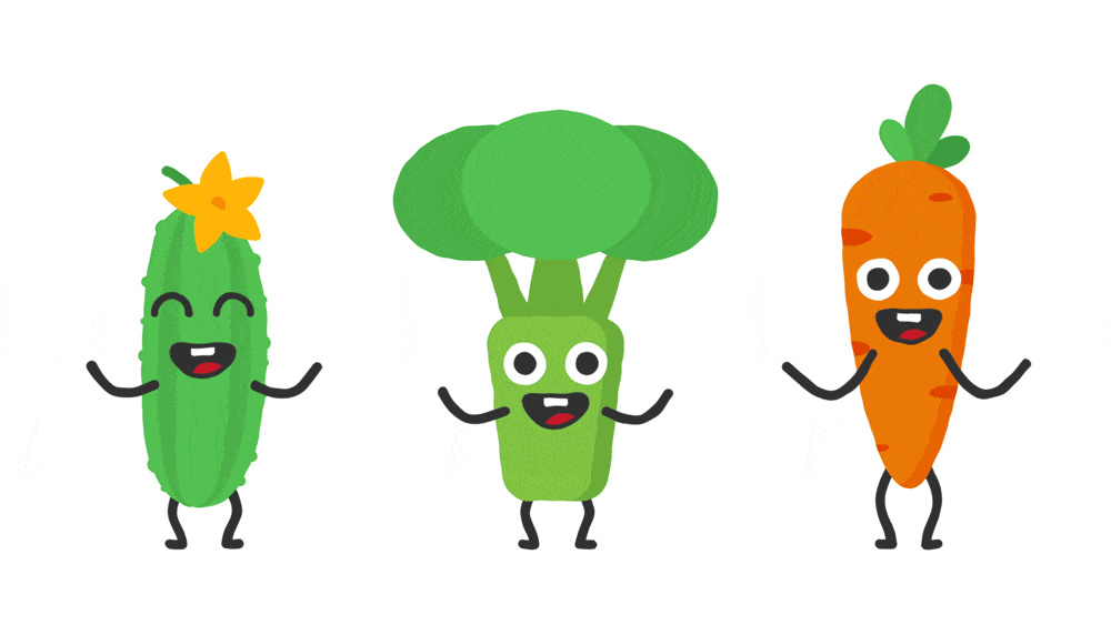 Happy animated cucumber, brocolli, and carrot dancing