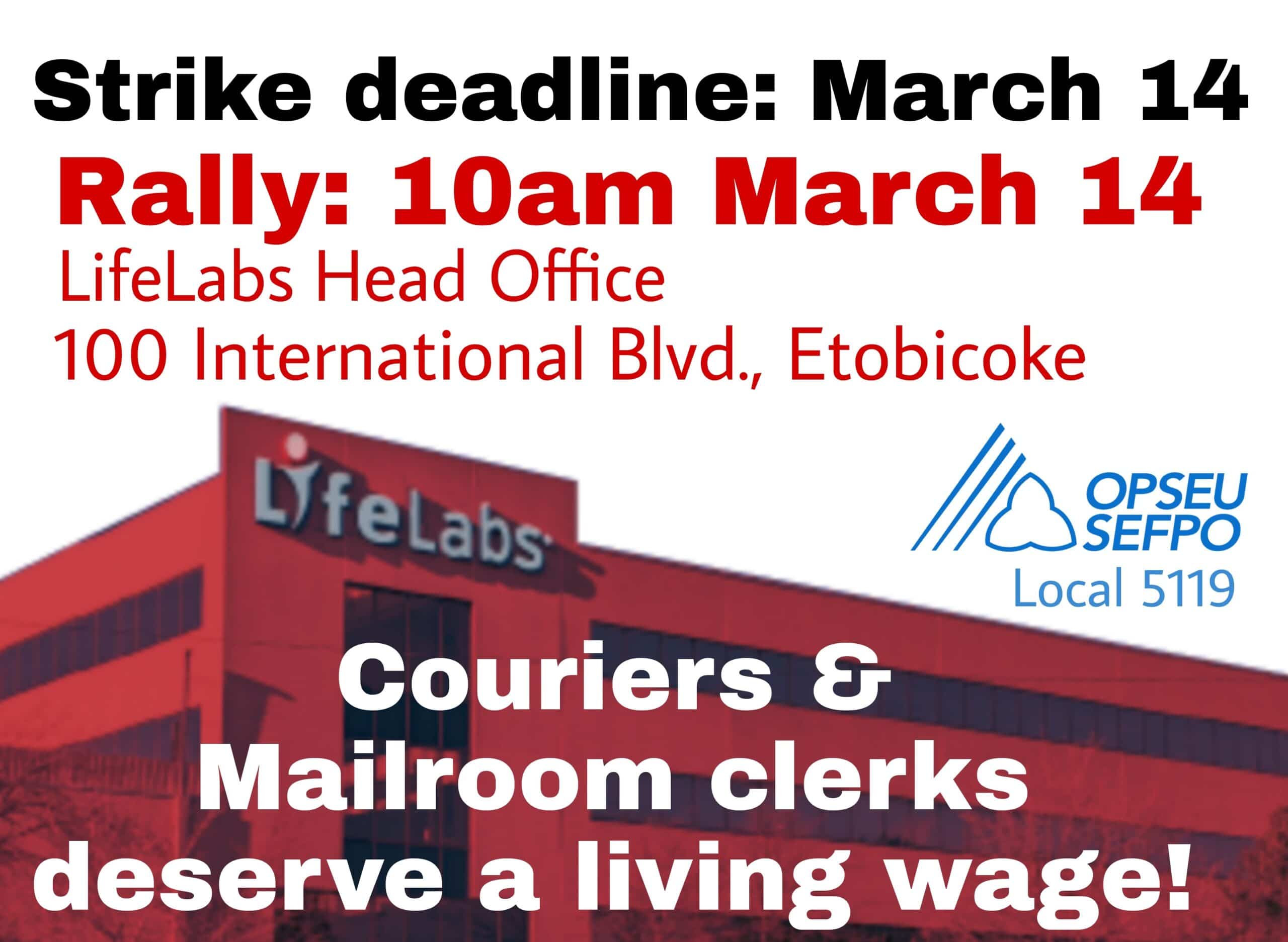 Poster showing LifeLabs' headquarters and giving the details for a strike rally