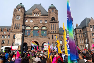 Workers supporting education workers at Queen's Park.
