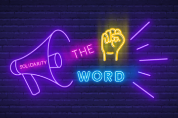 Neon megaphone and clenched fist with the caption 'The S Word,'