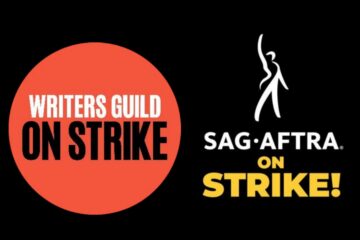 Text in image: Writers Guild on strike / SAG-AFTRA on strike!