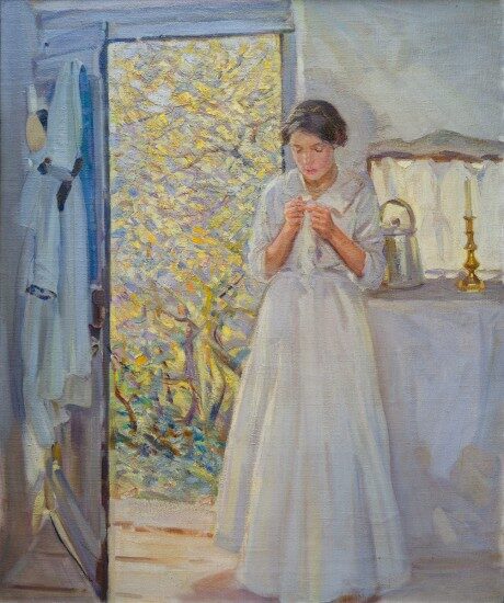 Helen Galloway McNicoll painting, "The Open Door" - Impressionist painting of woman in white dress standing next to an open door.